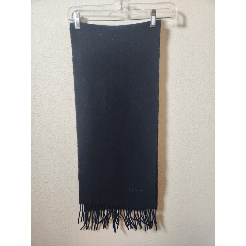 Fendi Navy Blue 100% Wool Neck Scarf‎ 12"X52" Unisex Fringe Italian Embroidered - Picture 2 of 5